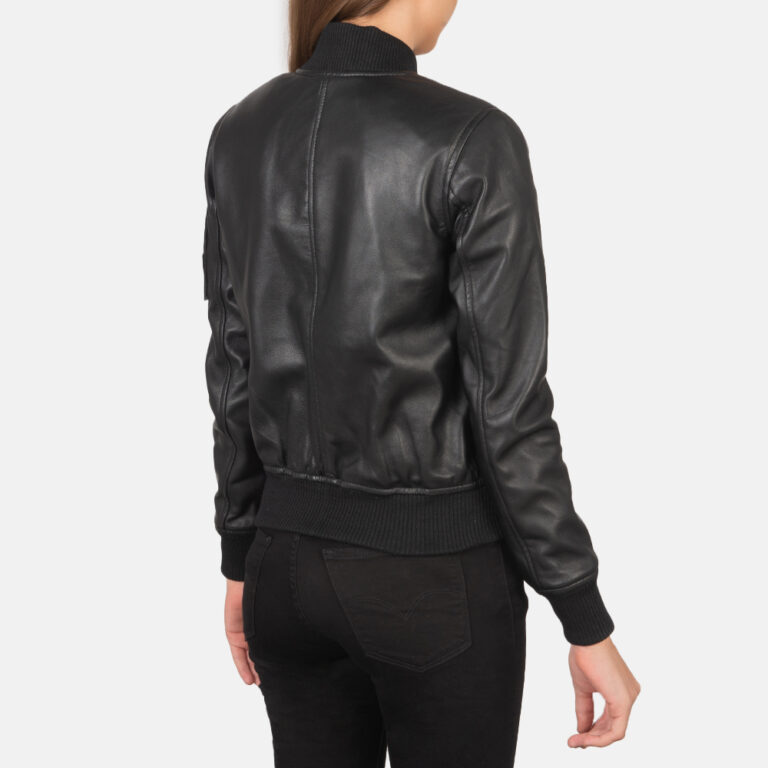 Womens Ava Ma-1 Black Leather Bomber Jacket Tilted Back-8-1659371541241